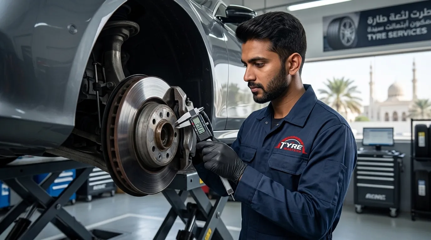 Technician inspecting a car brake disc at Tyre Masters Auto Care, Mussafah, Abu Dhabi